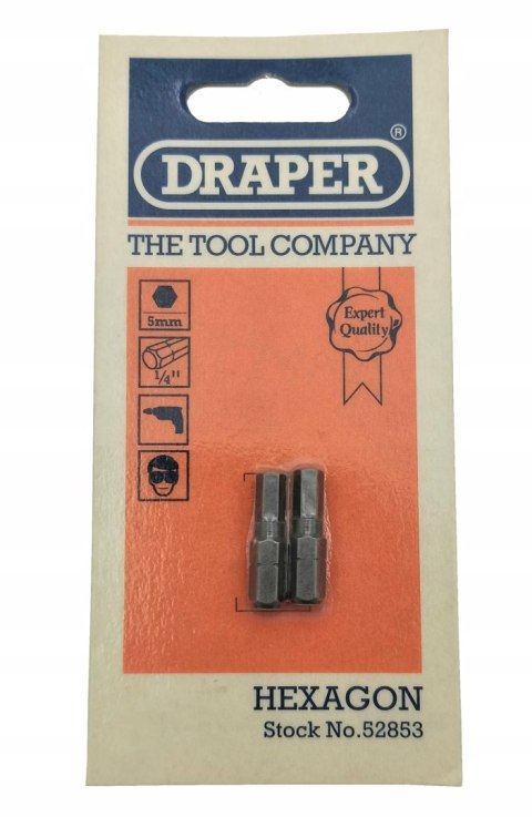 DRAPER Końcówki imbusowe wkrętaka 5 mm 1/4' 2szt. DRAPER Końcówki imbusowe wkrętaka 5 mm 1/4' 2szt.