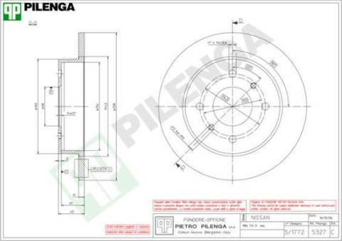 Tarcza hamulcowa PILENGA 5327 tył L/P NISSAN ALMERA II, PRIMERA 1.5-2.2D 06.90-11.06